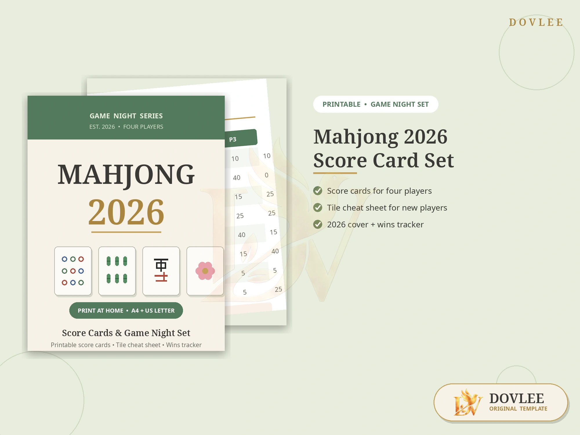 Mahjong 2026 — Score Card & Game Night Set styled digital product preview
