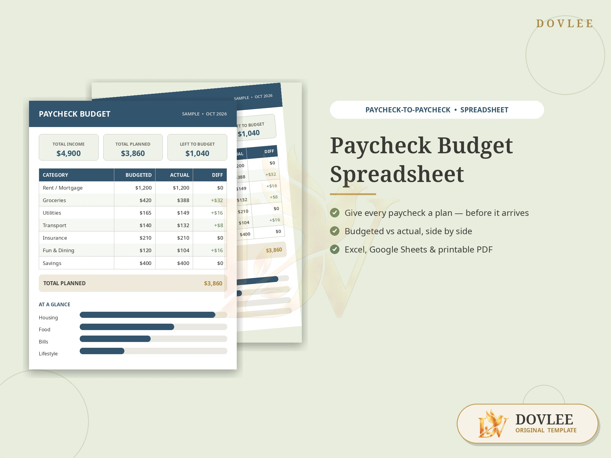 Paycheck Budget Spreadsheet styled digital product preview