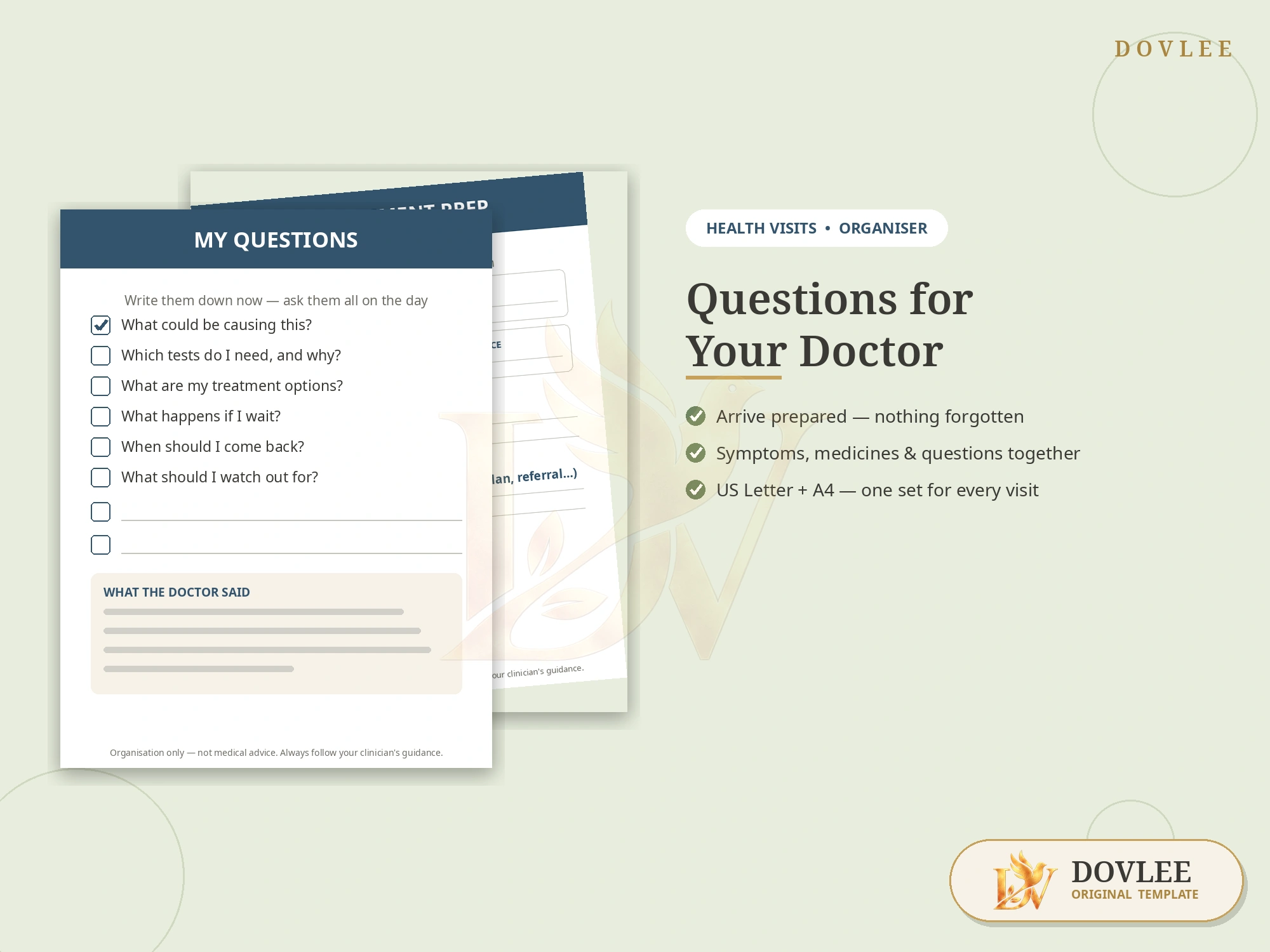 Questions for Your Doctor — Visit Organiser styled digital product preview