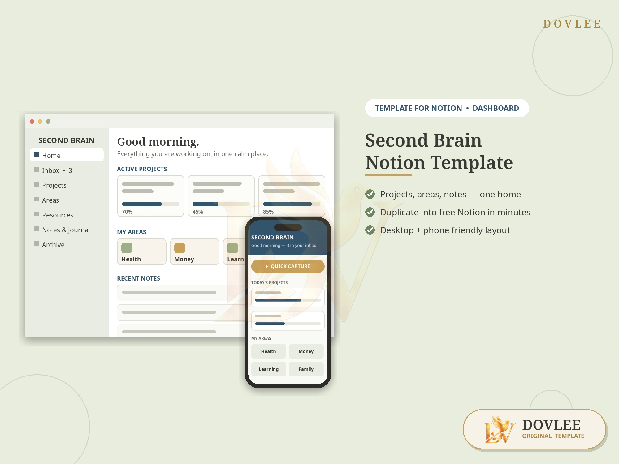Second Brain Notion Template styled digital product preview
