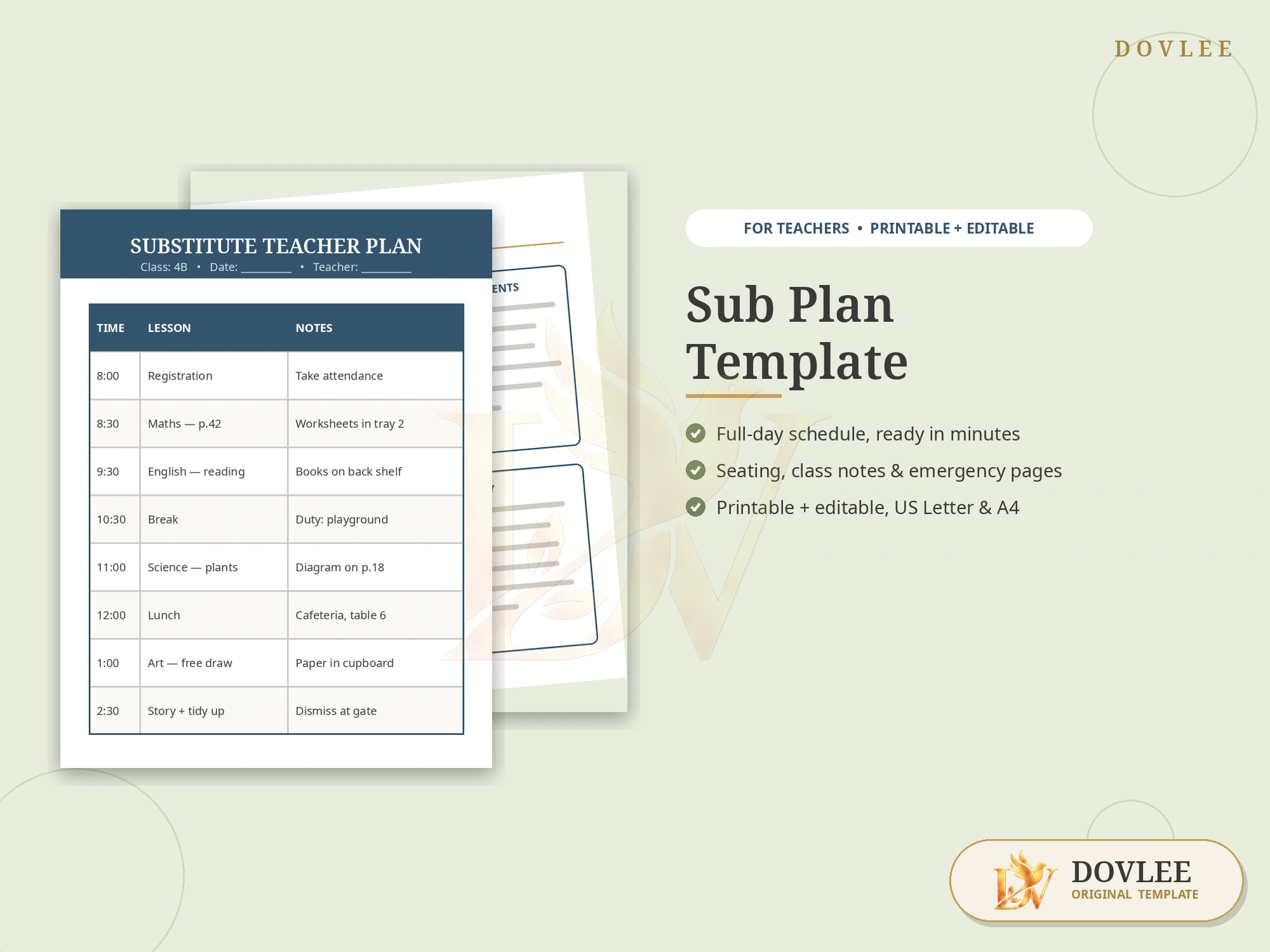 Sub Plan Template styled digital product preview