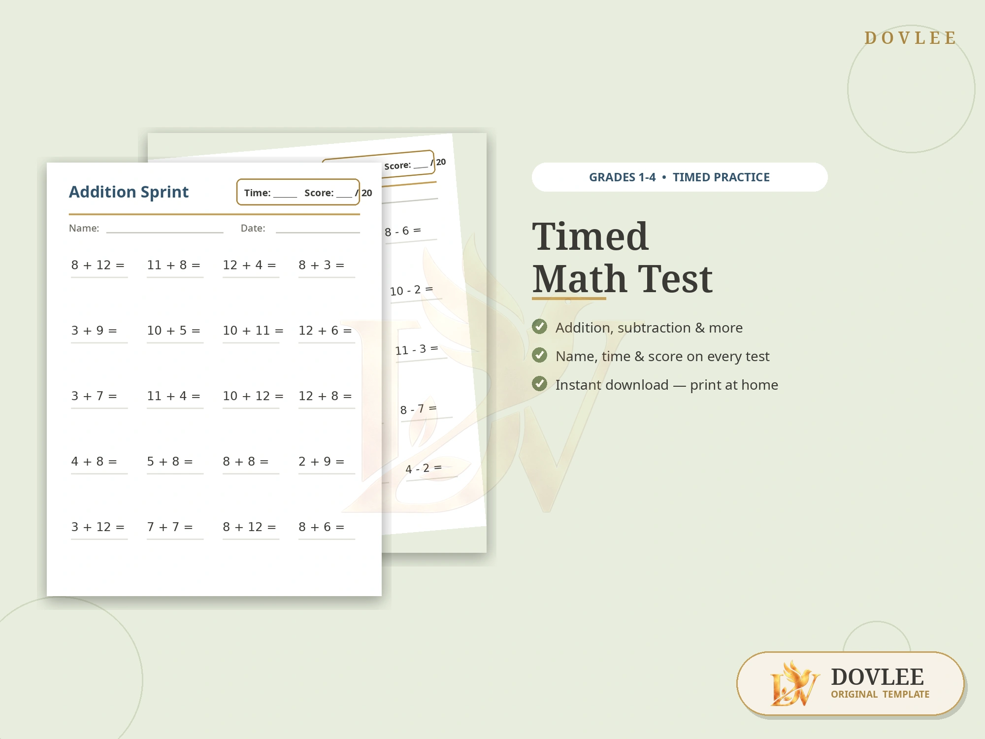 Timed Math Test styled digital product preview